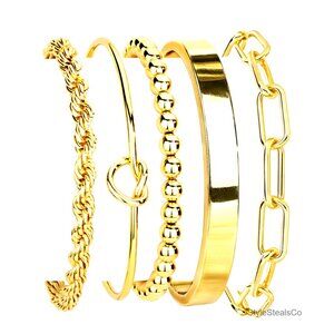 14K Gold Plated Stackable Cuff Bracelet Set Adjustable Non Tarnish